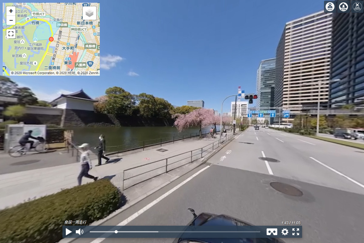 皇居一周ランニングと桜のコース経路誘導360度VR動画